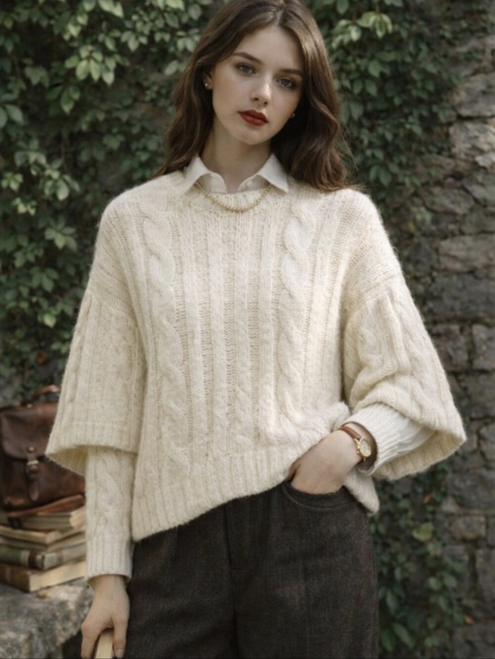 ZARA Cream Cableknit Double Sleeve Fisherman Style Sweater, M